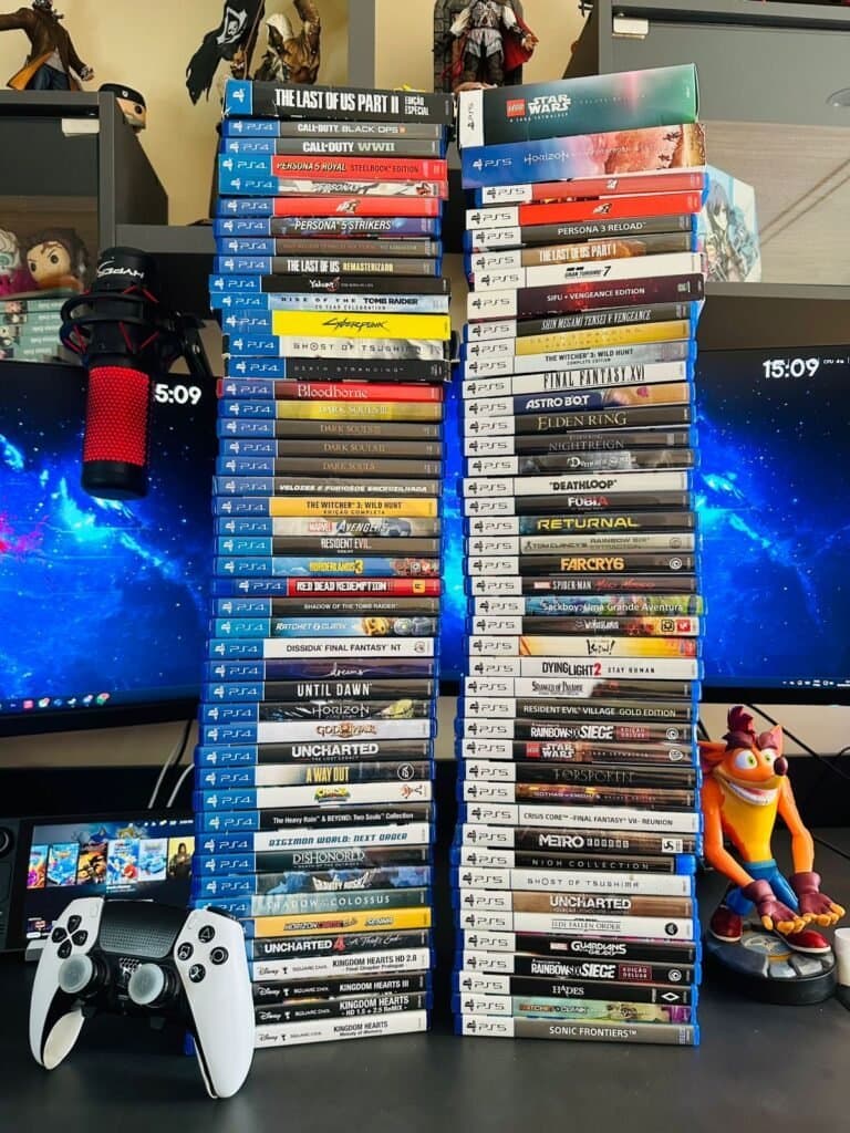 Coleção de jogos físicos em um setup gamer